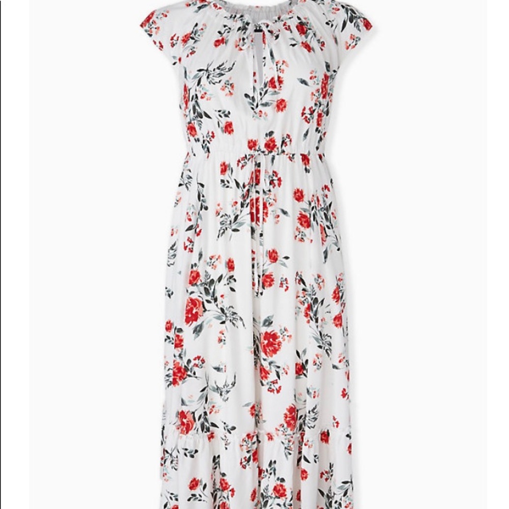 WHITE & RED FLORAL CHALLIS DRAWSTRING MIDI DRESS